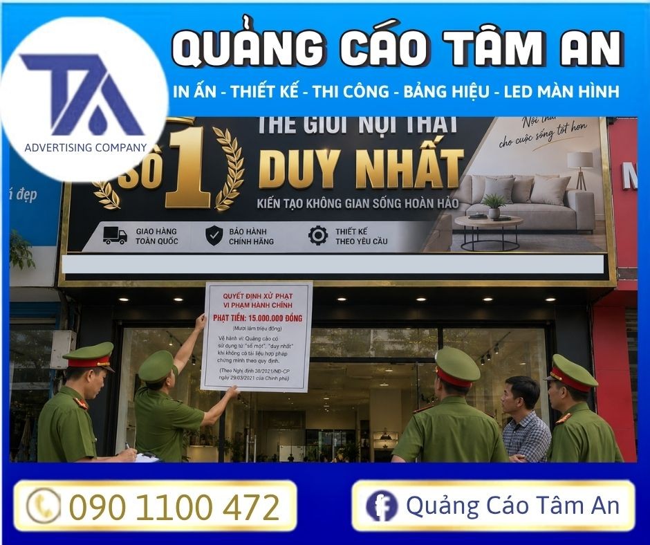 Thông báo xử phạt bảng hiệu sử dụng cụm "Duy nhất" và "Số một" quảng cáo