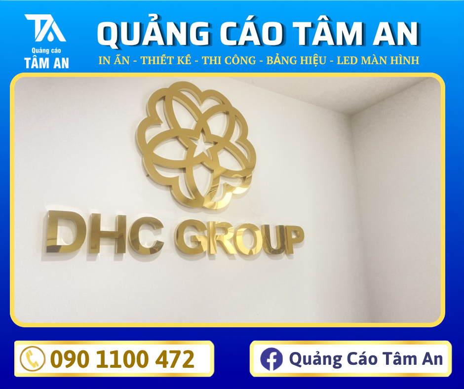 Bảng hiệu văn phòng chữ nổi inox vàng gương